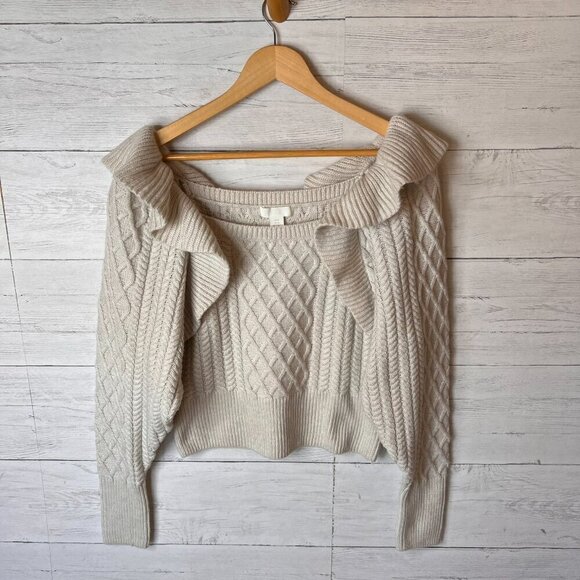 H&M Sweater Womens Size Medium Oatmeal Flounced Cable Knit Ruffle Crop Fall Wear - Picture 6 of 16